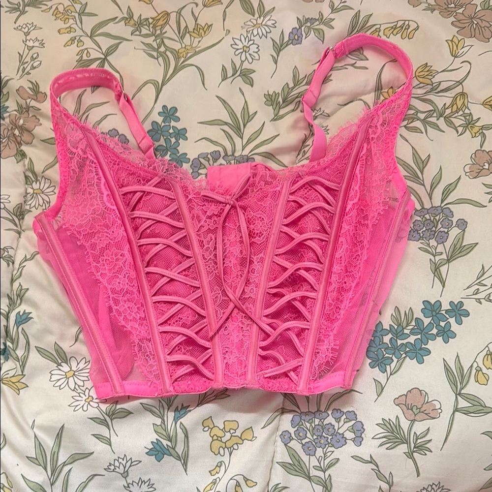 Pink Lace-Up Bra with Structured Boning